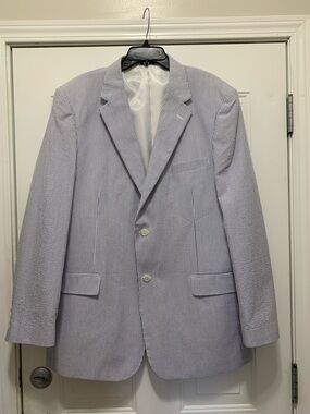Meeting Street Lightweight 100% Cotton Seersucker Sport Coat Blue/White 46 Long